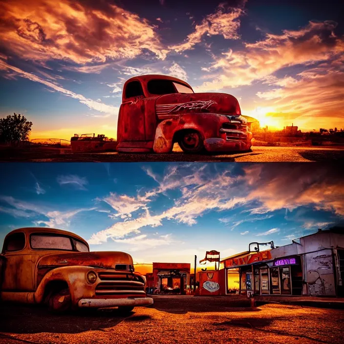 Image similar to a sunset light landscape with historical route 6 6, lots of sparkling details and sun ray ’ s, blinding backlight, smoke, volumetric lighting, colorful, octane, 3 5 mm, abandoned gas station, old rusty pickup - truck, beautiful epic colored reflections, very colorful heavenly, softlight