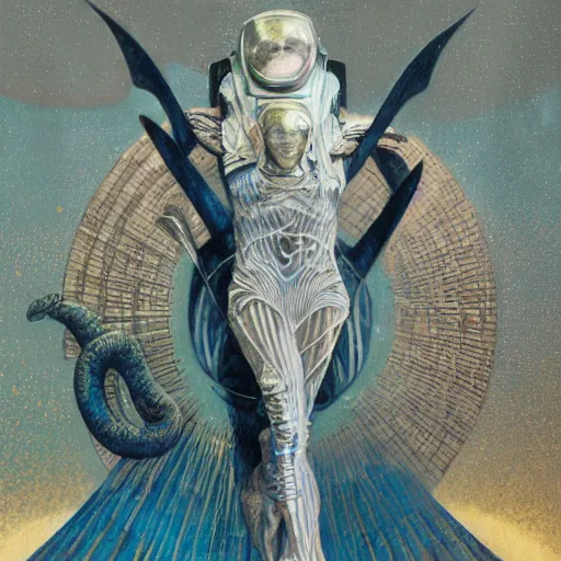 Prompt: the mummy astronaut, style hybrid mix of Anton Pieck+Jean Delville+ Amano,Yves Tanguy+ Alphonse Mucha+ Ernst Haeckel+ Edward Robert Hughes+Stanisław Szukalski , rich moody colors,diamond dust glitter and sparkles, holographic krypton ion,blue eyes,octane render,4k, ighly detailed, hyperrealism, excellent composition, cinematic concept art, dramatic lighting, trending on ArtStation