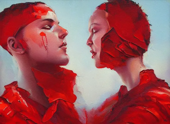 Image similar to inspirational red propaganda beautiful oil painting by Alexander Labas and Tatyana Yablonskaya and Viktor Tsvetkov