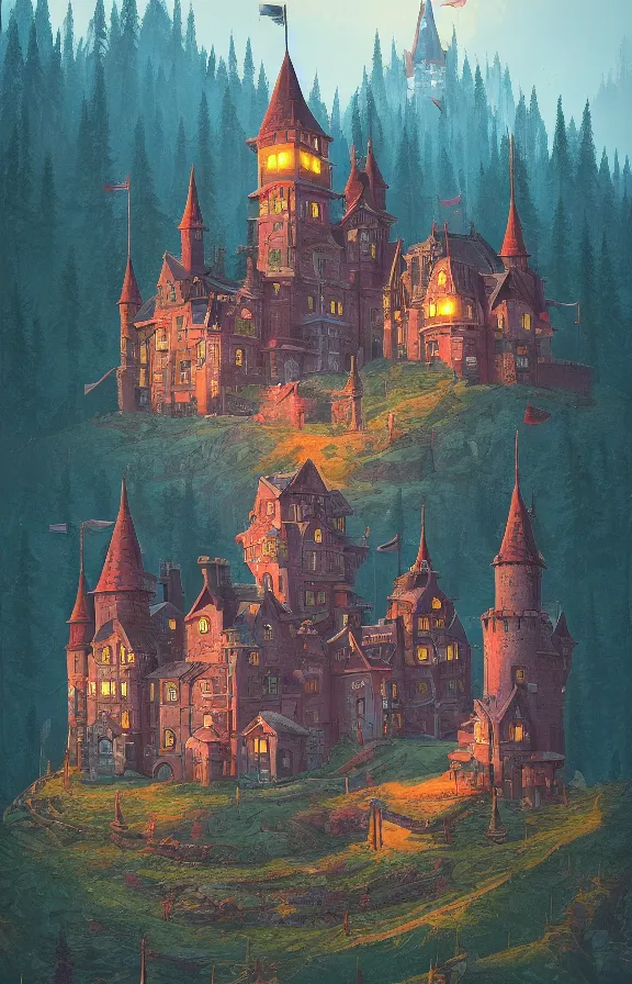 Prompt: magical castle school on a hill, sharp focus, zoomed in, highly detailed, simon stalenhag, print, game art