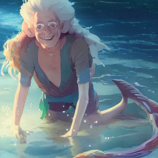 Image similar to doc brown as arielle the mermaid in water, studio ghibli, disney animation, sharp, anime key art by greg rutkowski, bloom, dramatic lighting