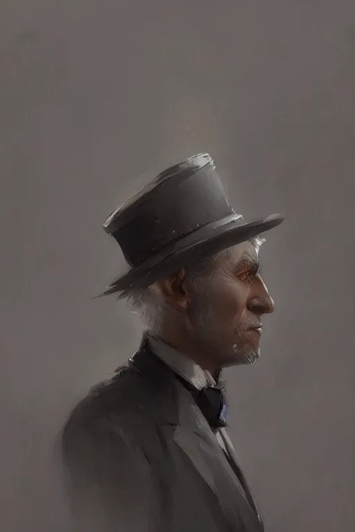 Prompt: a grey hair halfling with no beard top hat and suit by Greg Rutkowski, painting, portrait, high details, trending on artstation