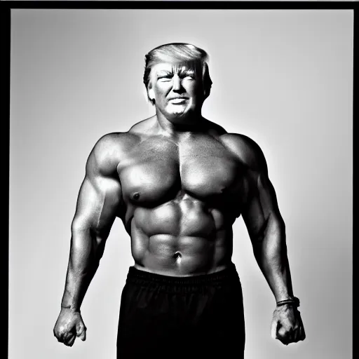 Image similar to very muscular donald trump, 8k, black and white photo, professional photography