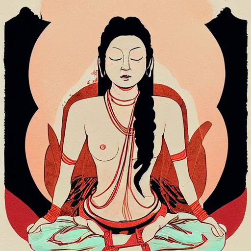 Prompt: contented female bodhisattva, praying meditating, portrait by Conrad Roset