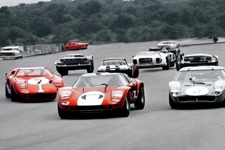 Prompt: vintage race footage of a sginel 1965 GT40 with elements of the F40, De Tomaso, Lotus, BMW M1, Pantera and Countach, movie still, speed, cinematic Eastman 5384 film