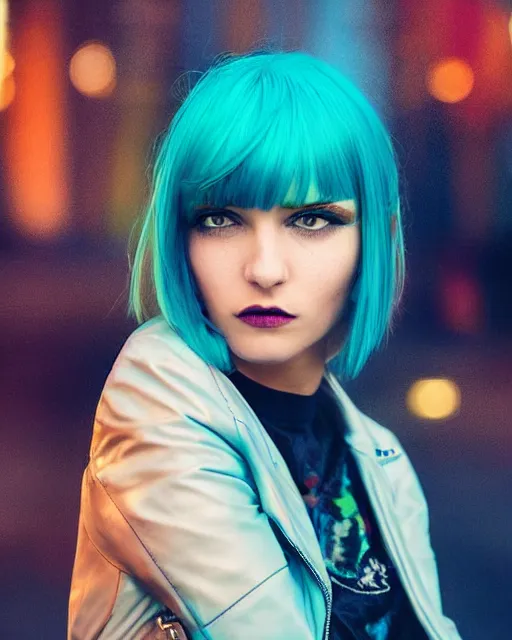 Image similar to Beautiful young woman with glowing teal hair, bob haircut, bangs, Spiked blue leather jacket, cyberpunk city background, in the style of Anna Dittman, fashion photography