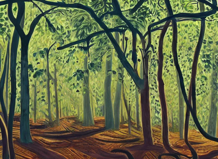 Prompt: painting of a forest, tall trees, vines hanging down from the trees, painted by charles e. burchfield, artstation hq, plein air, painterly