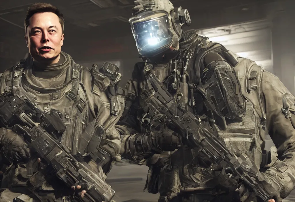 Image similar to elon musk in call of duty, elon musk in the video game call of duty, gameplay screenshot, close up, 3 d rendering. unreal engine. amazing likeness. very detailed.