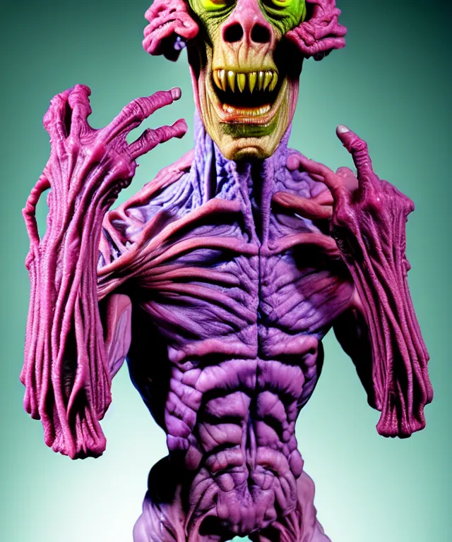 Image similar to hyperrealistic rendering, cronenberg flesh monster skeletor by art of skinner and richard corben and jeff easley, product photography, action figure, sofubi, studio lighting, colored gels