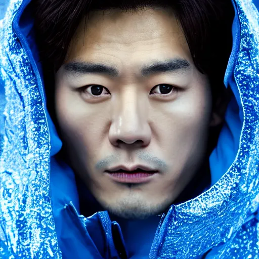 Prompt: a close up photographic portrait of a handsome korean actor wearing wet weather gear looking worried taken by annie leibowitz. cinematic lighting, blue background colour, 5 0 mm, subsurface scatter.