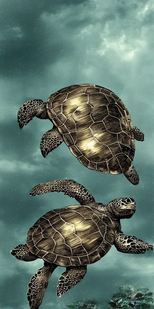 Prompt: a turtle with a metallic shell running in the middle of the rain, ornaments intricated, luis royo background sky airbrush art