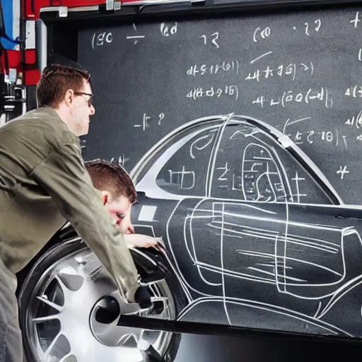 Image similar to a photo of Two car technicians fixing a futuristic car in a futuristic workshop , a blackboard covered with mathematical equations in the background, photo realistic, extremely detailed