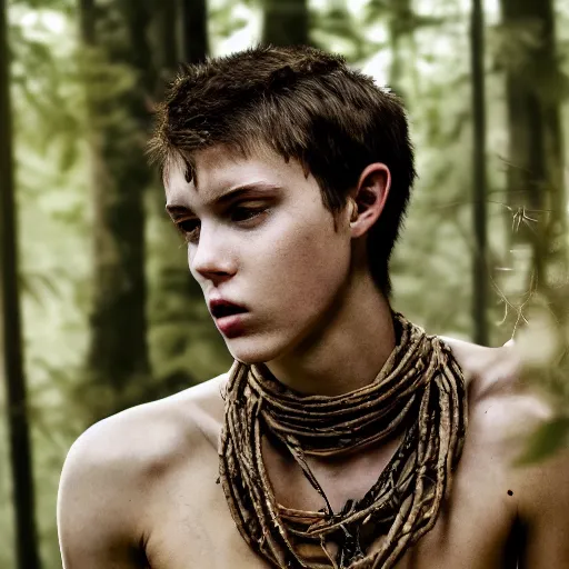 Prompt: a teenage boy, around 1 9 years old with necklace, natural brown hair, loincloth, pale skin, detailed face. running in ominous and eerie looking forest. natural color. hyperrealistic photo. - 4