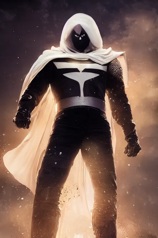 Image similar to hyperrealistic photography of Moon Knight mixed with Ghostrider style of Hossein Diba, full-shot, merged character, 4k, highly detailed, cinematic lighting, photorealistic, 3d render, award winning render, unreal engine, masterpiece, octane render, sharp focus, studio lighting, 8k, hd