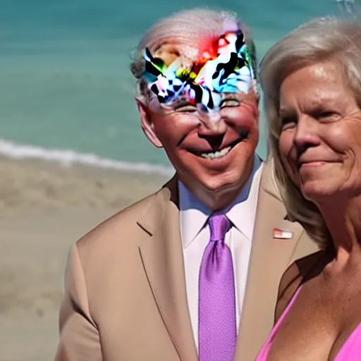 Image similar to president biden wearing a pink bikini, realistic, 8 k, ultra details, highly detailed face, sharp focus