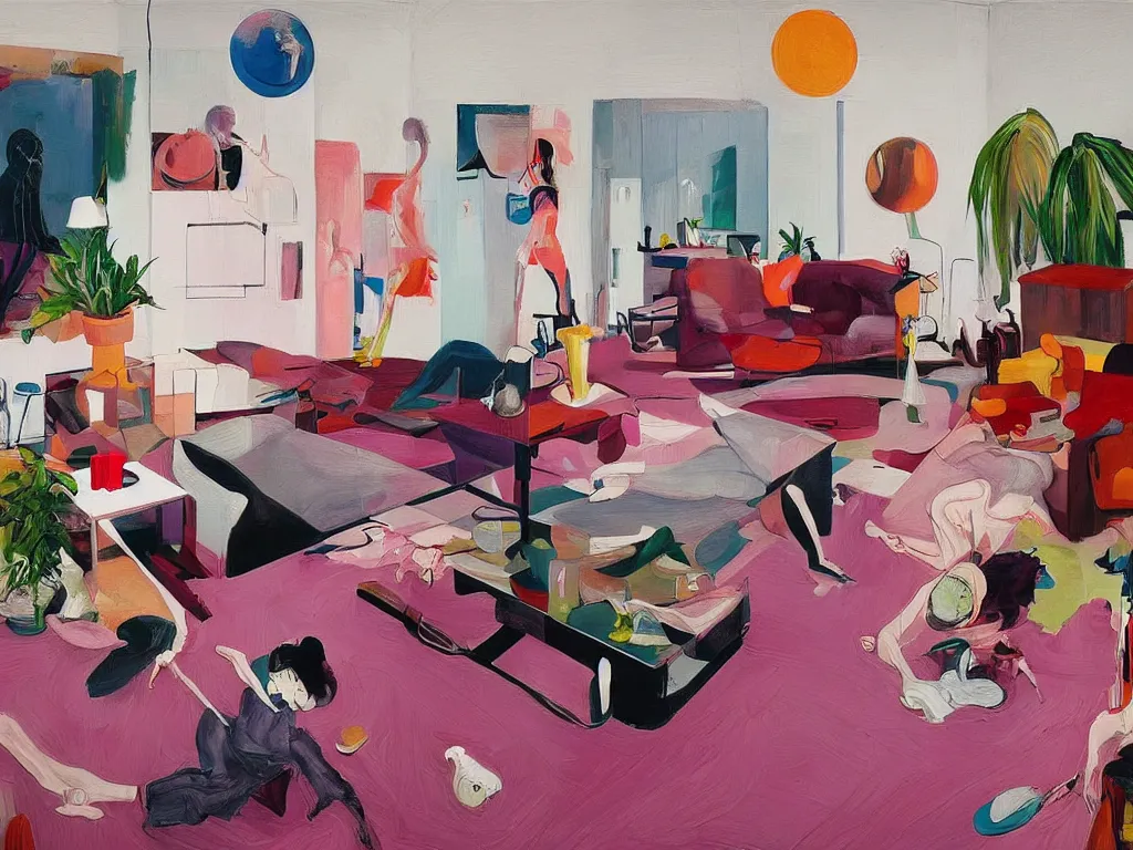 Prompt: One woman start to bounce in a living room of a house, floating dark energy surrounds the middle of the room. There is one living room plant to the side of the room, expressionist painting by francis bacon and martine johanna and moebius