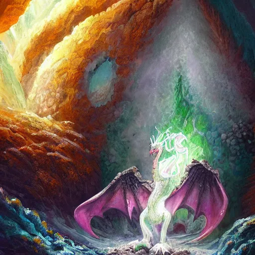 Image similar to detailed painting of a white dragon sitting in the middle of a colorful geothermal hotspring in a cavern, featured on artstation