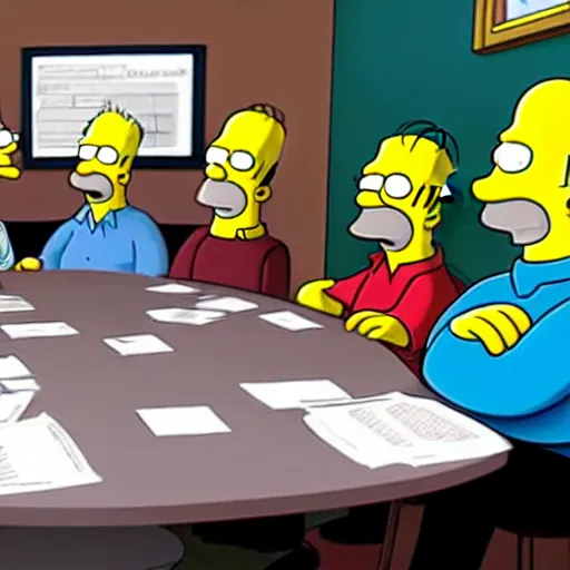 Prompt: homer simpson joins a meeting in the writers room of the simpsons