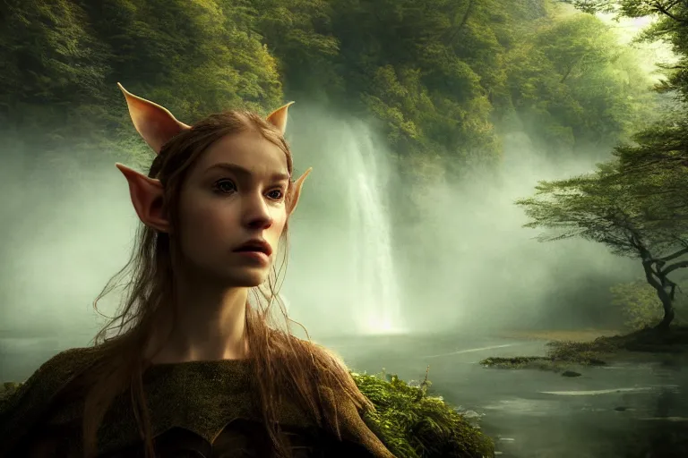 Image similar to an ultra realistic, cinematic, fantasy, headshot portrait, of an elden ring elf, fairy lights, facial features, background of a vast serene landscape, with trees and waterfalls, detailed, deep focus, movie still, dramatic lighting, ray tracing, by michal karcz and yoshitaka amano