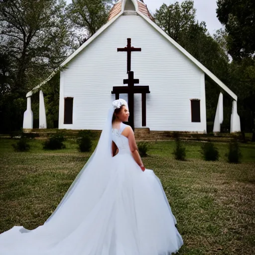 Prompt: picture of ghostly bride in front of an old wooden white church, 1 9 th century southern gothic scene, taken by calatrava, santiago