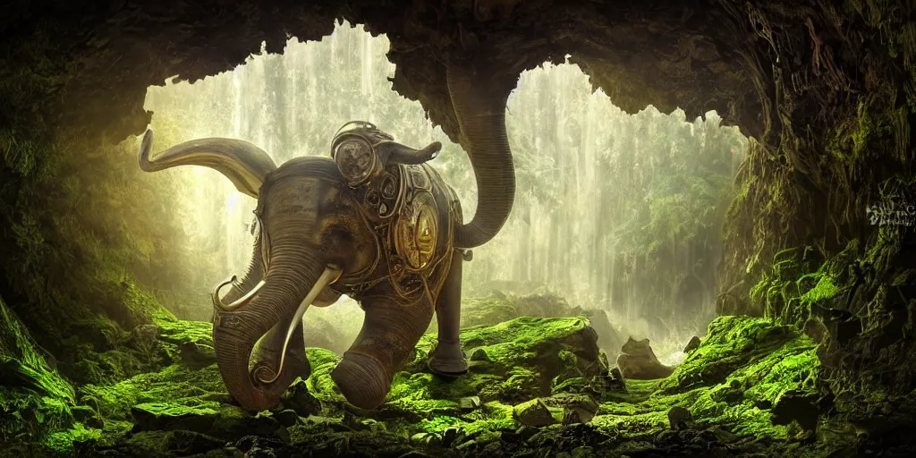 Image similar to magnificent mechanical steampunk elephant looking eerily into a cave entrance with lush vegetation and mystical (((glowing algae))) in the dawn, light coming through from holes in the ceiling, waterfalls, desaturated, creepy ambiance, dangerous, sharp focus, highly detailed, artgerm