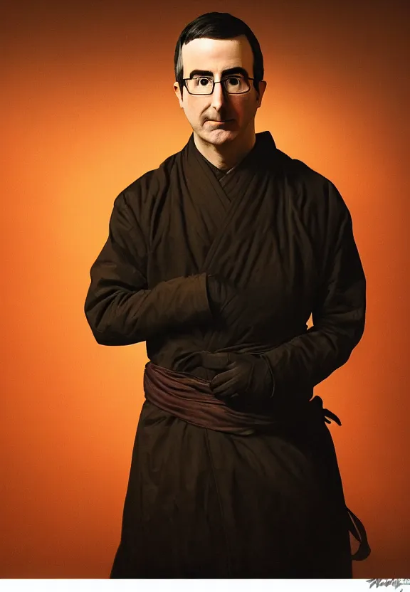 Prompt: a close portrait of john oliver as a ninja at night, japanese setting, warm colors, soft lighting, atmospheric, cinematic, moody, in the style of diego koi, gina heyer, luiz escanuela, art by alyssa monk, hyperrealism, rule of thirds, oil on canvas, 8 k