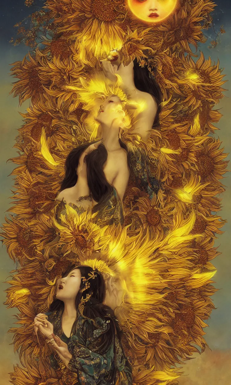 Image similar to The Chinese goddess of sunflowers, who has a third-eye and an helianthus-shaped golden crown, and presides over the rays of the sun with her sacred vision, by Anato Finnstark, Tom Bagshaw, Brom