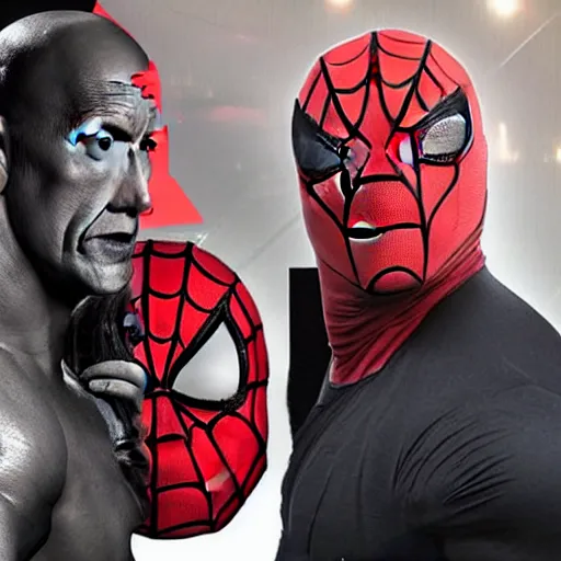 Image similar to dwayne johnson promo on ring wearing spiderman costumes