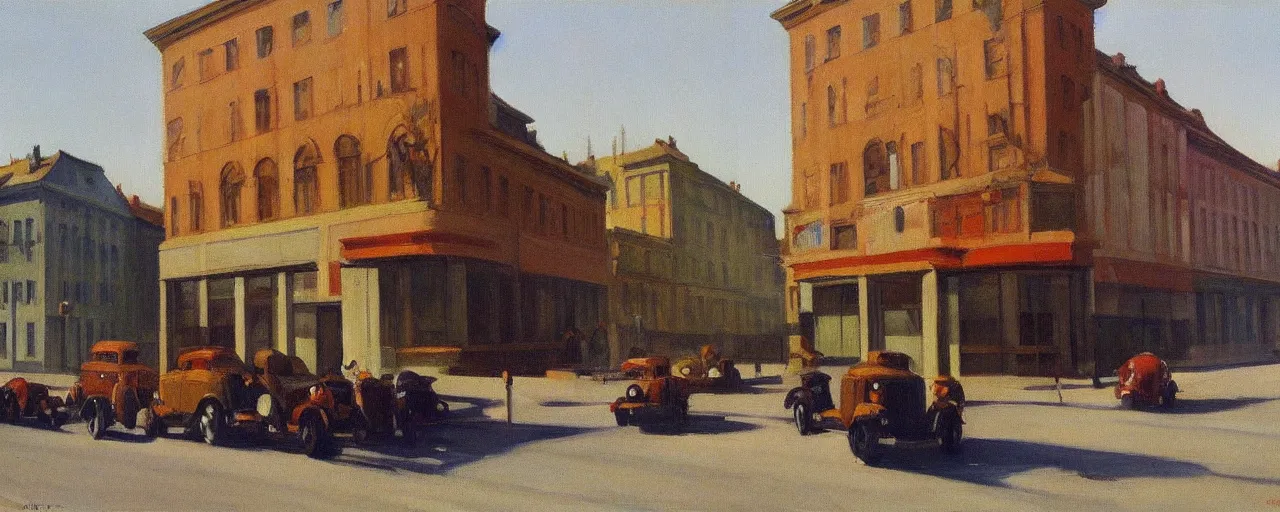 Prompt: an edward hopper style painting of a busy road of ( ( ( ( ( ( ( ( gyor ) ) ) ) ) ) ) ) in hungary, early - spring, march of 1 9 4 8