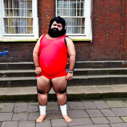 Image similar to fat hairy indian guy looking drunk in Cambridge UK city centre wearing a leotard and big red bow in his hair