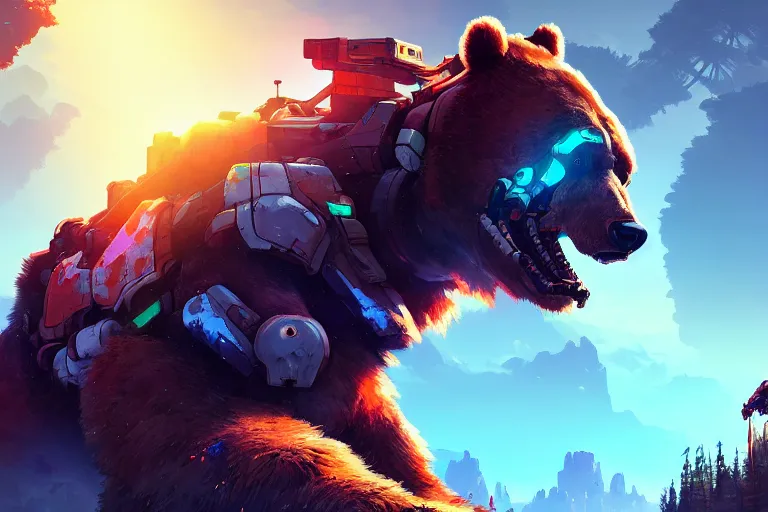 Prompt: bear - tank machine mecanical creature robot of horizon forbidden west horizon zero dawn radiating a glowing aura global illumination ray tracing hdr fanart arstation by ian pesty and alena aenami artworks in 4 k