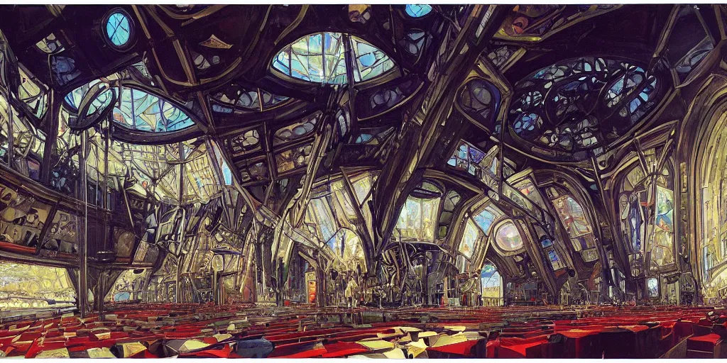 Prompt: interior, wide angle, cockpit of an futuristic gothic church spaceship, art jacek malczewski