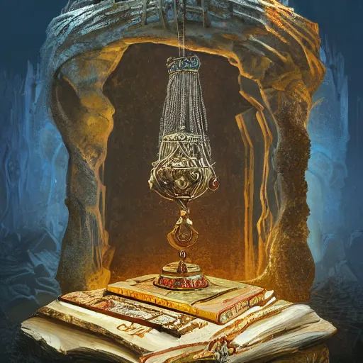 Image similar to epic view of an ancient dark byzantine cave interior, ornate oil lamp on a pile of crystals, books covered in jewels, ornate, surrounded by strange crystals and treasure, full of sand and glitter, hyper real, Indiana Jones, Tomb Raider, trending on artstation, concept art, cinematic, jewels, in the style of Jean Giraud