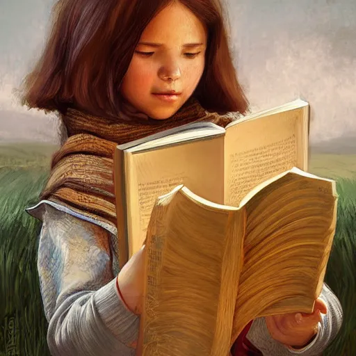 Prompt: village girl reading a book, highly detailed, digital painting, artstation, concept art, art by artgerm and Johfra Bosschart