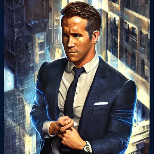 Image similar to ryan reynolds as spider - man, wearing a black and blue suit, cinematic, volumetric lighting, f 8 aperture, cinematic eastman 5 3 8 4 film, photorealistic by greg rutkowski, by stanley artgerm, by alphonse mucha