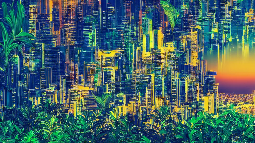 Image similar to golden city in a vaporwave jungle, 4k, ultra realistic, colorful, award winning photograph