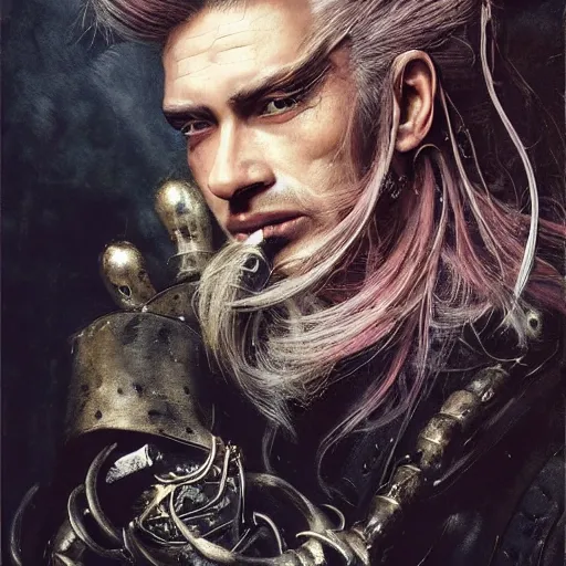 Image similar to portrait, headshot, insanely nice professional hair style, dramatic hair color, digital painting, of a old 17th century, old cyborg merchant, amber jewels, baroque, ornate clothing, scifi, realistic, hyperdetailed, chiaroscuro, concept art, art by Franz Hals and Jon Foster and Ayami Kojima and Amano and Karol Bak,