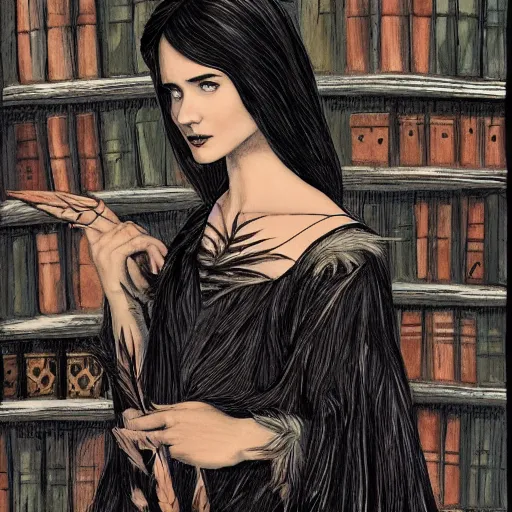 Prompt: young jennifer connelly as innocent sad gothic beauty with black feathers instead of hair, black hands tipped with black claws, feathers growing out of skin, black cloak, in opulent library, romantic, comic book cover, vivid, beautiful, dreamy, illustration, highly detailed, rough paper, dark, oil painting