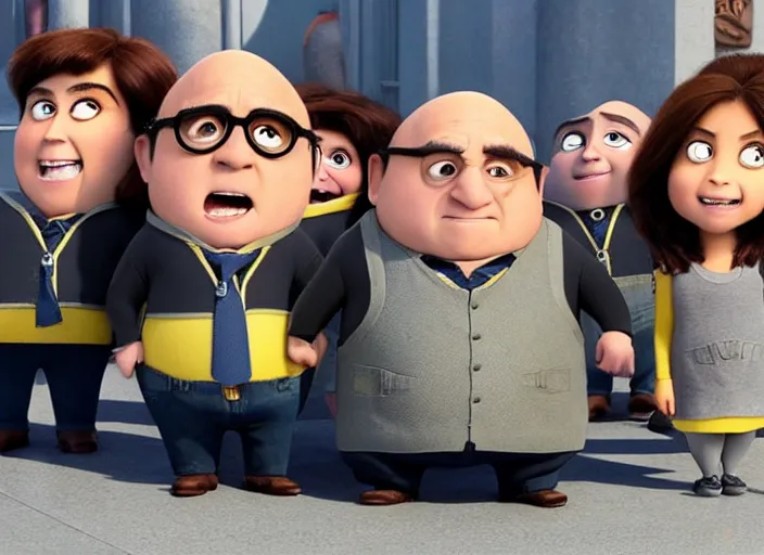 Image similar to Danny DeVito cast as Gru with his minions, still from Despicable Me 2010, high detail, 8k establishing shot,