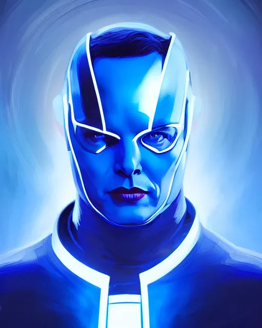 Image similar to blue color elon musk superhero, glam, power, glowing lights intricate, elegant, highly detailed, digital painting, artstation, concept art, smooth, sharp focus, illustration, art by artgerm and greg rutkowski and fra angelico and unreal engine 5