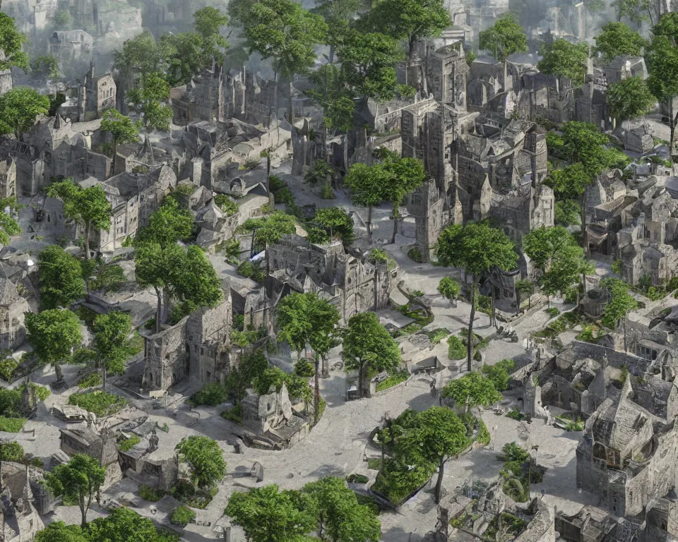 Image similar to medieval fae city, built into trees and stone, street view, unreal engine, hyperrealism