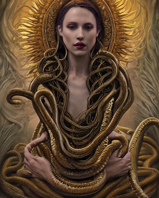 Image similar to portrait of the strangly beautiful young goddess of snakes, surreal, fantasy, intricate, elegant, dramatic lighting, emotionally evoking symbolic metaphor, highly detailed, lifelike, photorealistic, digital painting, painterly, artstation, concept art, smooth, head in focus, sharp focus, illustration, art by John Collier and Krenz Cushart and Artem Demura and Alphonse Mucha and Albert Aublet,