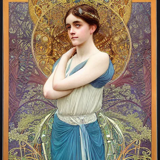 Image similar to a detailed, intricate art nouveau portrait painting of a girl who resembles 1 8 - year - old saoirse ronan and emma watson in a white bridal gown, in a garden of fireflies and glowing lanterns at night, by alphonse mucha, donato giancola, and john william waterhouse