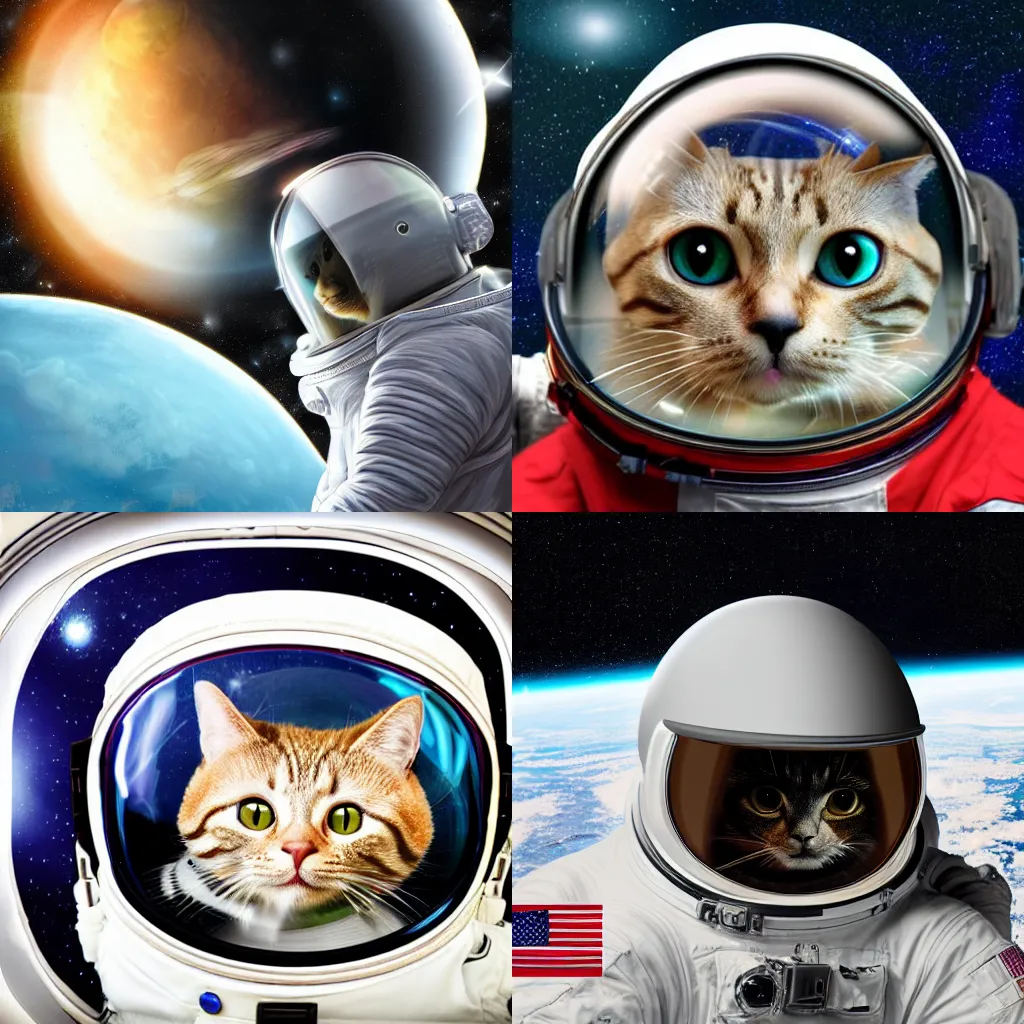 Prompt: Highly detailed digital painting of an astronaut cat in space looking to the side, earth reflecting in the glass of the helmet.