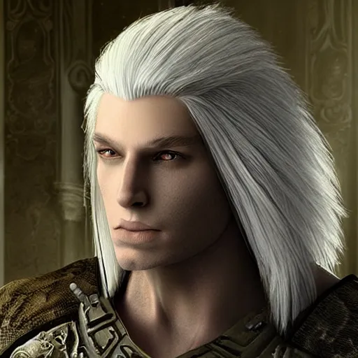 Prompt: a fantasy character with white hair. he looks like a snake.