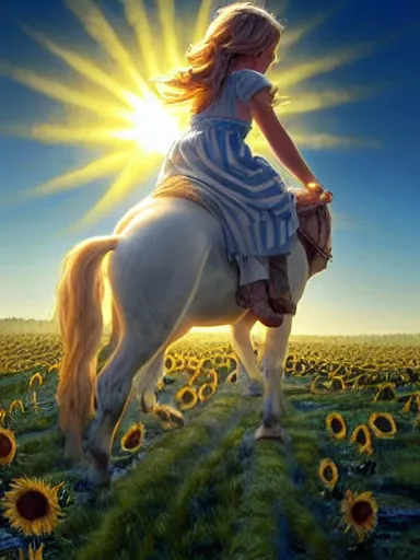 Prompt: a small happy greek todler, riding a white horse in a sunflower field, a giant sun in the background. intricate, elegant, highly detailed, digital painting, artstation, concept art, sharp focus, illustration, by justin gerard and artgerm, 8 k