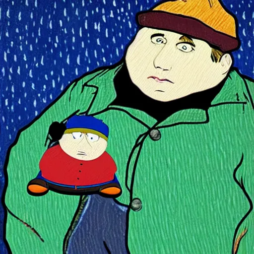 Image similar to an artistic portrait of eric cartman, high quality, studio photography, colorful, hero, heroic, beautiful, in the style of vincent van gogh