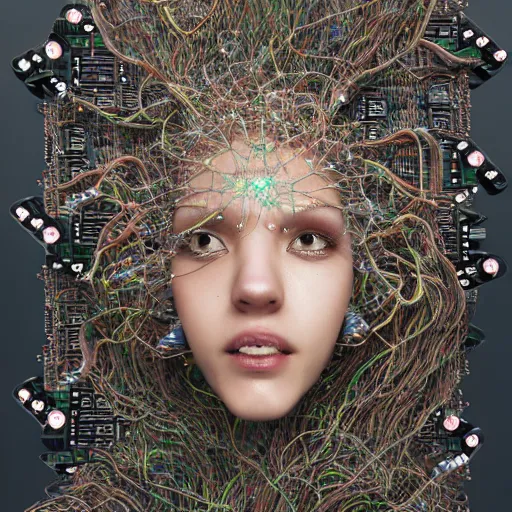 Image similar to swimming deeper into the multiverse, piles of modular synth cables mixed with mangrove roots, kawaii puerto rican goddess chilling out wearing a headpiece made of circuit boards, by cameron gray, wlop, stanley kubrick, masamune, hideki anno, jamie hewlett, unique perspective, trending on artstation, 3 d render, vivid