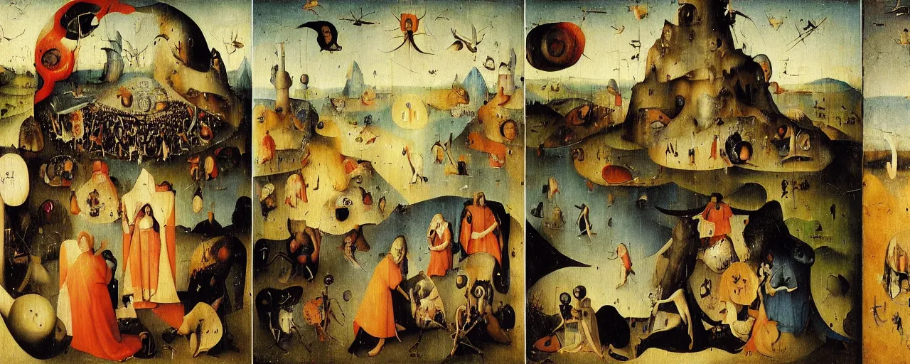 Prompt: World Peace Triptych by Hieronymus Bosch, surreal oil painting, highly detailed, dream like, masterpiece