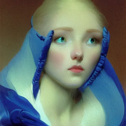 Image similar to young woman's face, her hair is white and she wears a cobalt blue satin cloak, by ivan aivazovsky and syd mead and moebius and gaston bussiere and roger dean and wojciech siudmak and pieter claesz and paul delaroche and alma tadema and aelbert cuyp, hyperrealistic, volumetric light, octane render